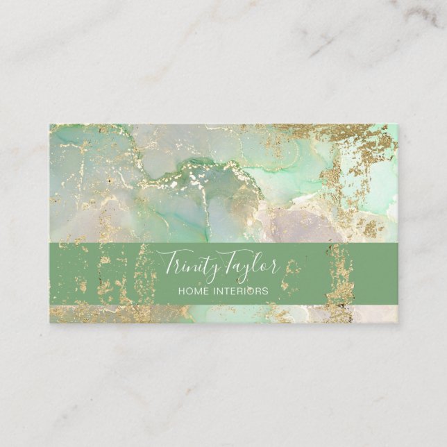 Mint Grönt Watercolor Marble Bläck & Gold Foil  Visitkort (Framsida)