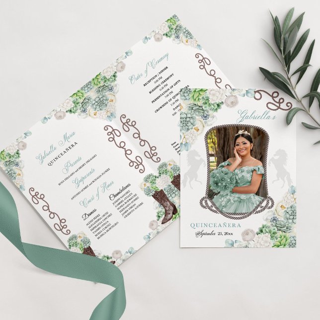 Mint Grönt Western Charro Quinceañera-program Inbjudan (Skapare uppladdad)