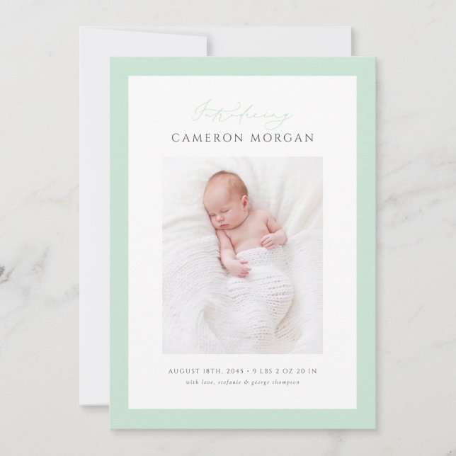 Mint Grönt Whimsical Calligraphy Photo Baby Birth Meddelande (Framsida)