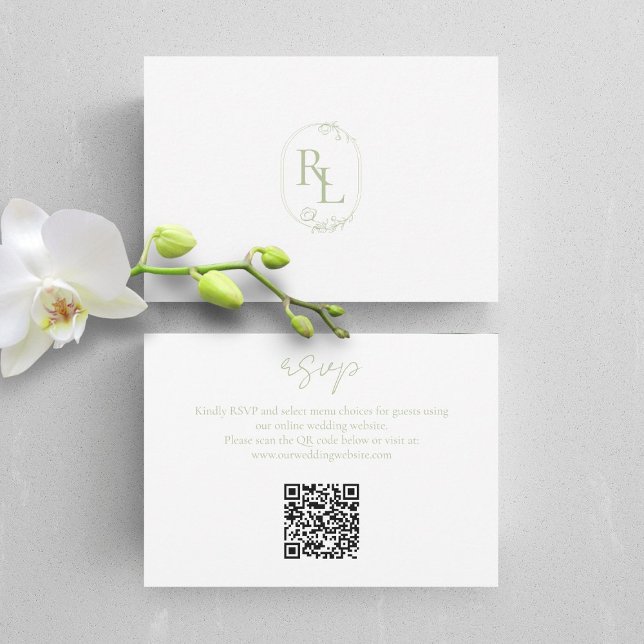 Mint Grönt & White Blommigt Monogram QR Bröllop OS OSA Kort (Skapare uppladdad)