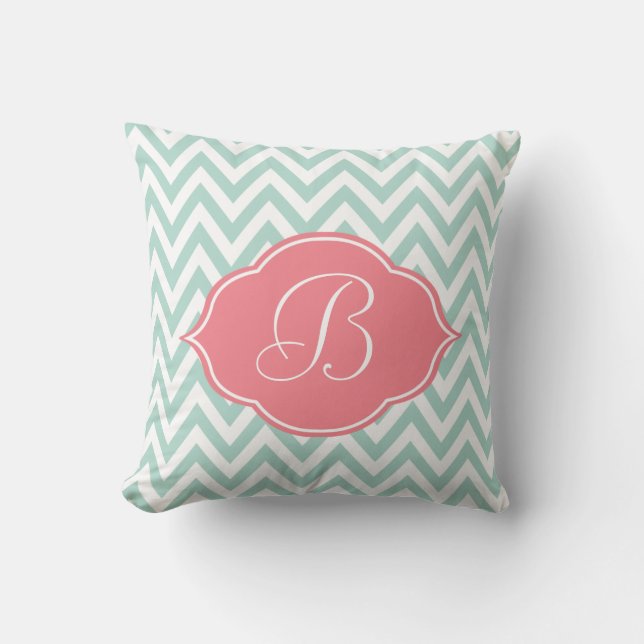 Mint Grönt White Chevron Ljus rosa Monogram Kudde (Framsida)