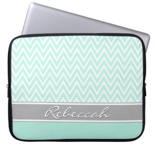 Mint Grönt White Chevron Zigzag Mönster Grått Namn Laptop Sleeve