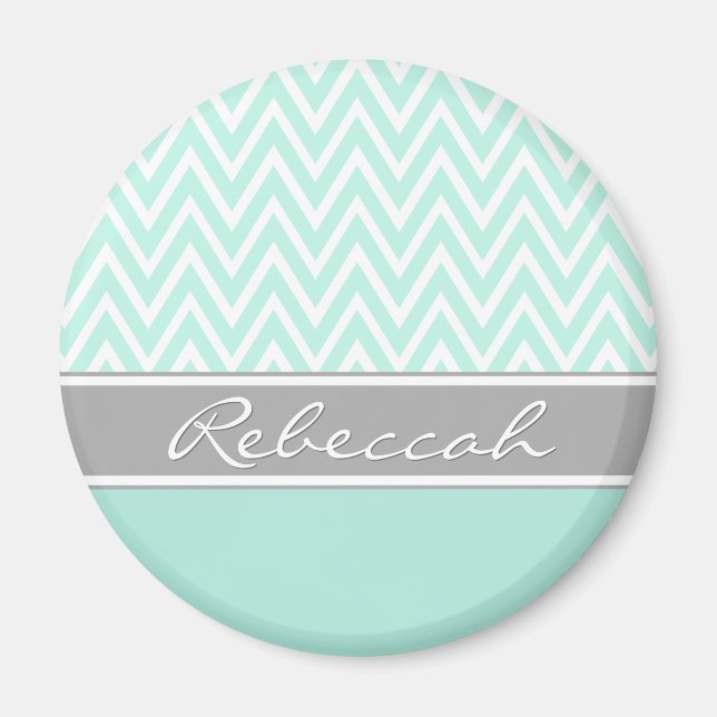 Mint Grönt White Chevron Zigzag Mönster Grått Namn Magnet (Framsidan)