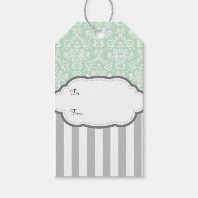 Mint Grönt White Grått Damask Rand Gift-Märkre Presentetikett (Framsidan)