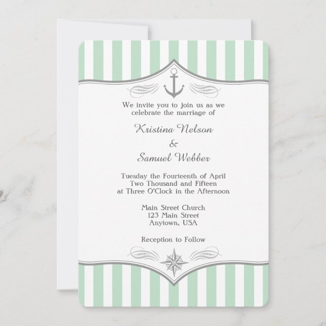 Mint Grönt White Grått Nautical Wedding bjudande Inbjudningar (Framsida)