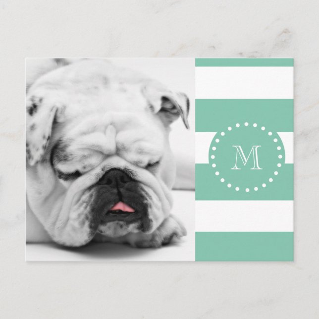 Mint Grönt White Rand Mönster, ditt Monogram Vykort (Framsida)