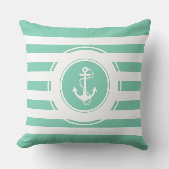 Mint-Grönt & White Rand Nautical Anchor Kudde (Framsida)