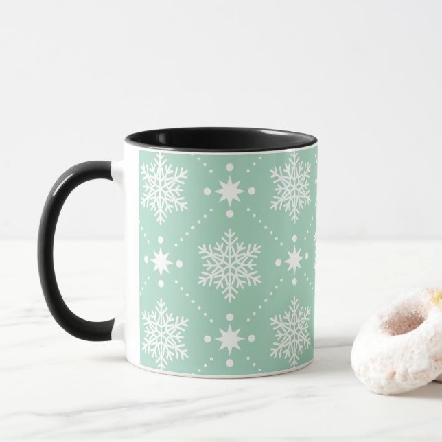 Mint Grönt White Snöflingor jul Mönster Mugg (Med munk)