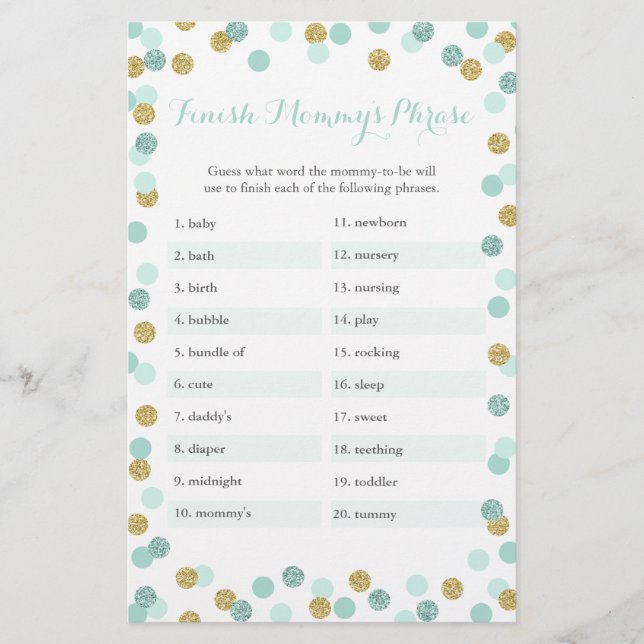 Mint & Guld Baby Shower Avslutar Mamma Phrase Game (Framsida)