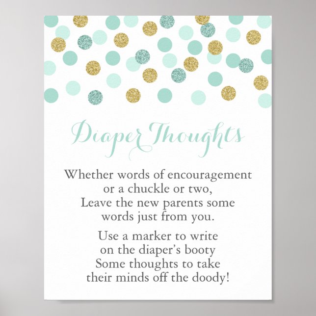 Mint & Guld Baby Shower Diaper Thought Game Sign Poster (Framsidan)