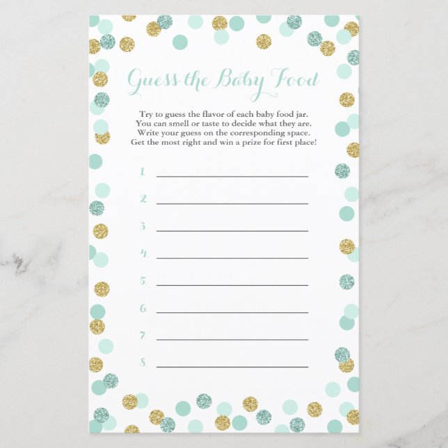 Mint & Guld Baby Shower Gissa Baby Food Game (Framsida)