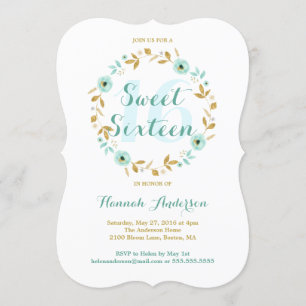 Mint Guld blomkrans Sweet sixteen Inbjudningar