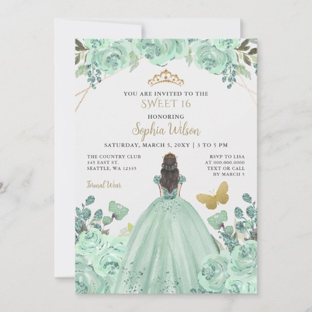 Mint Guld Blommig Prinsessa Fjäril Sweet 16 Inbjudningar (Framsida)