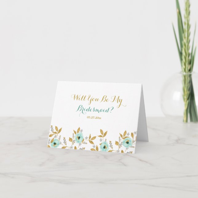 Mint Guld Blommig Vill Du Vara Min Brudtjänst Kort (Framsida)