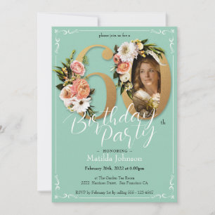 Mint Guld Blommigt Boho Anpassningsbar Photo 60:e Inbjudningar