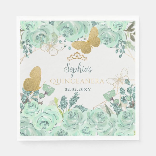 Mint Guld Blommigt Butterfly Quinceañera Pappersservett (Framsidan)