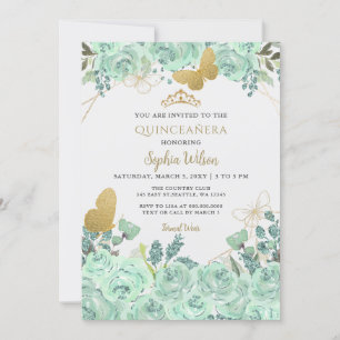 Mint Guld Blommigt Butterfly Quinceañera Quince Inbjudningar