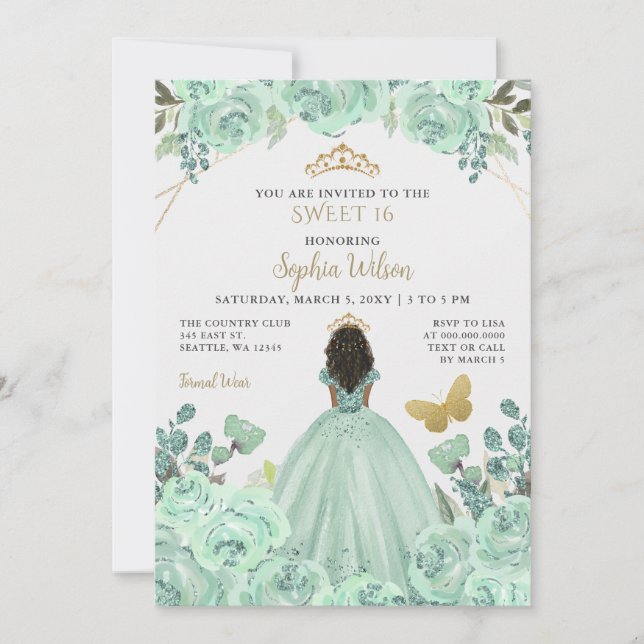 Mint Guld Blommigt Princess Butterfly Sweet 16 Inbjudningar (Framsida)