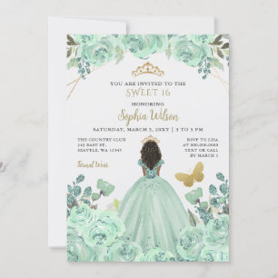 Mint Guld Blommigt Princess Butterfly Sweet 16 Inbjudningar