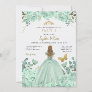 Mint Guld Blommigt Princess Butterfly Sweet 16 Inbjudningar
