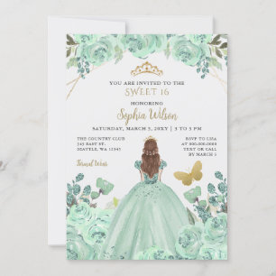 Mint Guld Blommigt Princess Butterfly Sweet 16 Inbjudningar
