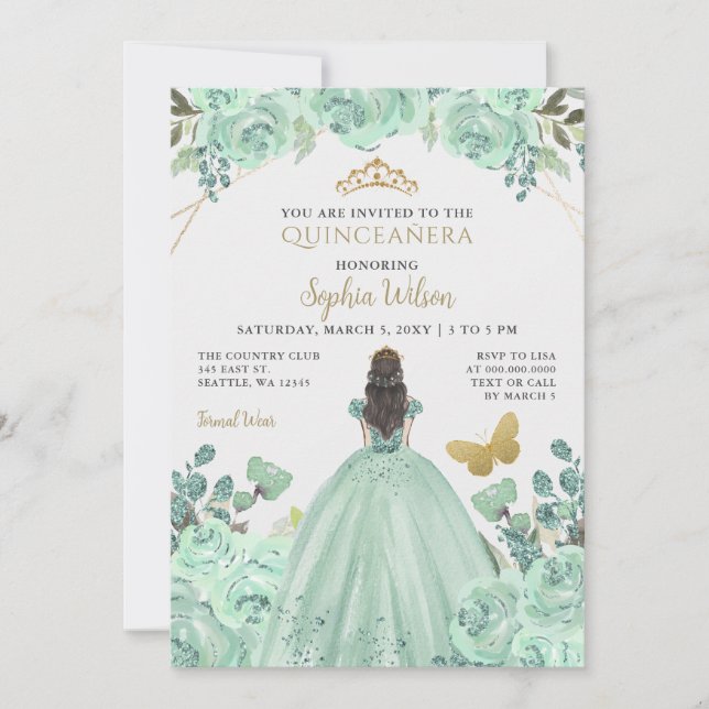 Mint Guld Blommigt Princess Quinceañera Quince Inbjudningar (Framsida)