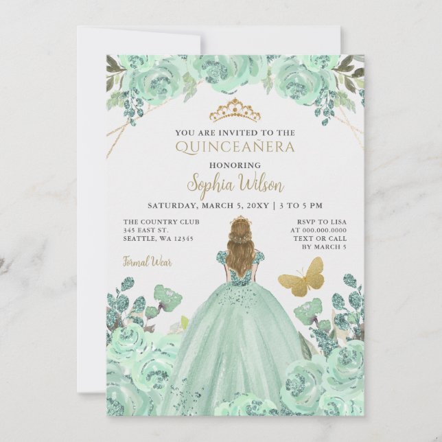 Mint Guld Blommigt Princess Quinceañera Quince Inbjudningar (Framsida)