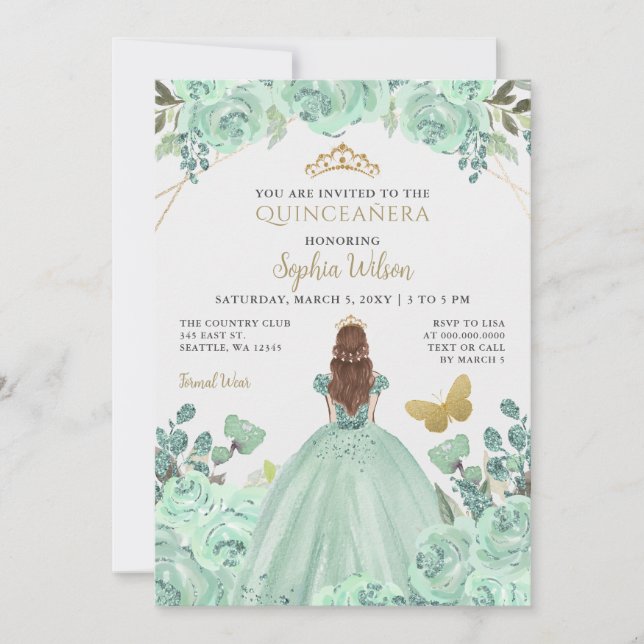 Mint Guld Blommigt Princess Quinceañera Quince Inbjudningar (Framsida)
