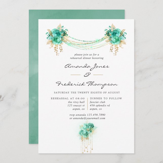 Mint & Guld Blommigt String Ljus Rehearsal Middag Inbjudningar (Fram/baksida)