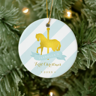 Mint & Guld Carousel Horse Baby Första jul Julgransprydnad Keramik