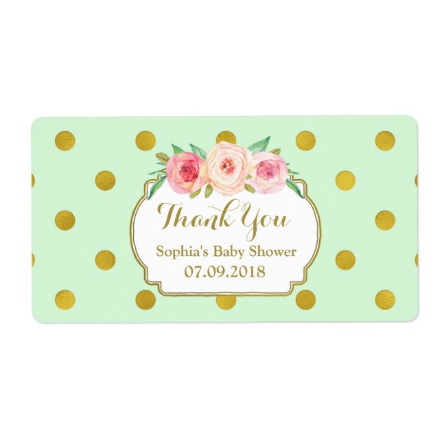 Mint Guld Dots Blommigt Baby Shower-etiketter Fraktsedel (Framsidan)