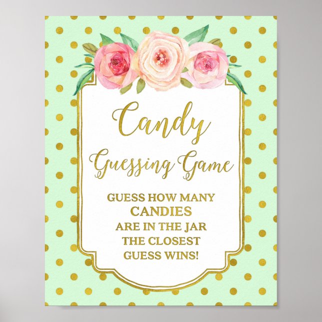Mint Guld Dots Candy Guessing Game Sign Poster (Framsidan)