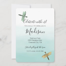 Mint Guld Dragonflies Ombre Watercolor Inbjudningar