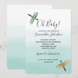 Mint Guld Dragonflies Ombre Watercolor Inbjudningar