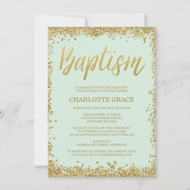 Mint Guld Faux Glitter Baptism-inbjudningar Inbjudningar (Framsida)