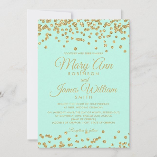Mint & Guld Faux Glitter confetti Elegant bröllop Inbjudningar (Framsida)
