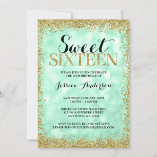 Mint Guld Faux Glitter Ljus Sweet 16 Birthday Inbjudningar