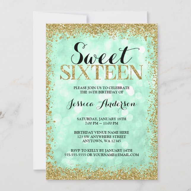 Mint Guld Faux Glitter Ljus Sweet 16 Birthday Inbjudningar (Framsida)