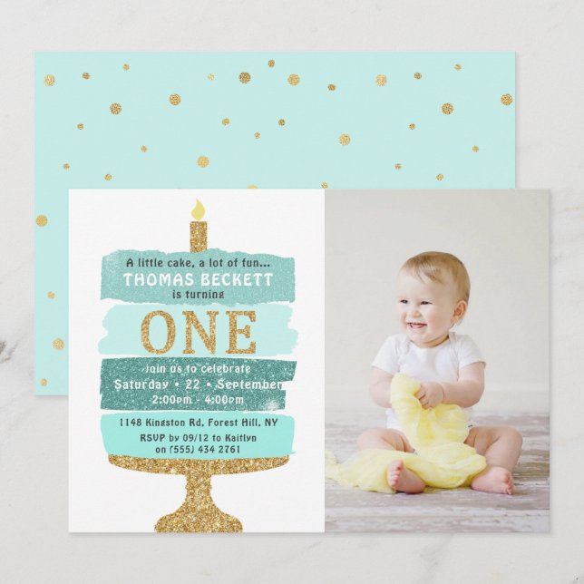 Mint & Guld Glitter Cake Photo 1st Birthday Inbjudningar (Fram/baksida)