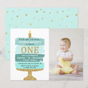 Mint & Guld Glitter Cake Photo 1st Birthday Inbjudningar