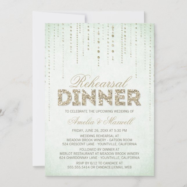 Mint & Guld Glitter Se Rehearsal Dinner Inbjudan (Framsida)