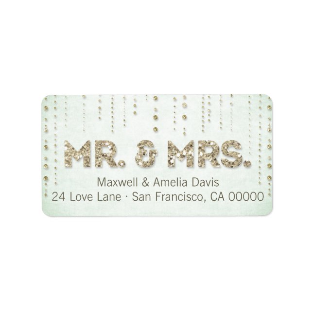 Mint & Guld Glitter titta på Mr. & Mrs Labels Adressetikett (Framsidan)