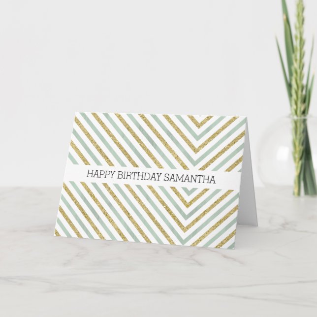 Mint Guld och White Chic Chevron Birthday Kort (Framsida)