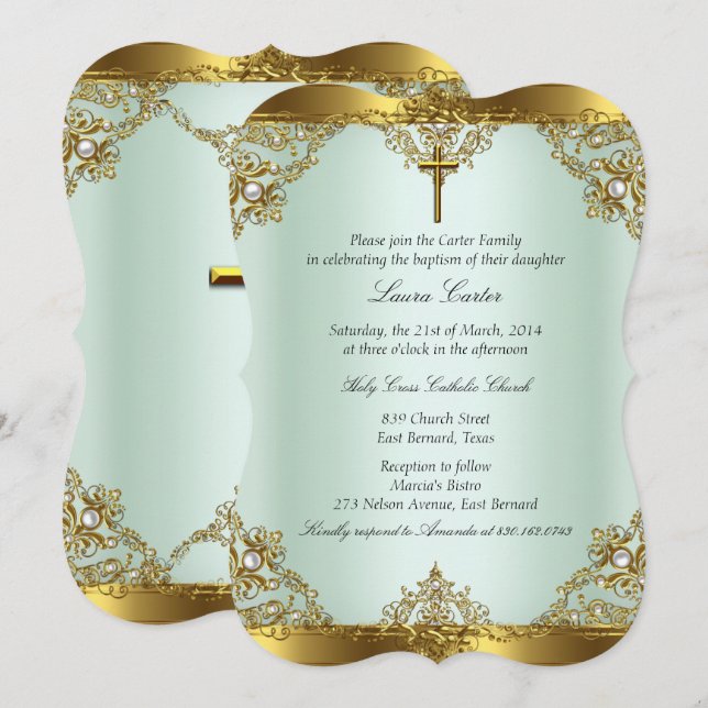 Mint Guld Pärl Damask Kors Dop Dopceremoni 3 Inbjudningar (Fram/baksida)
