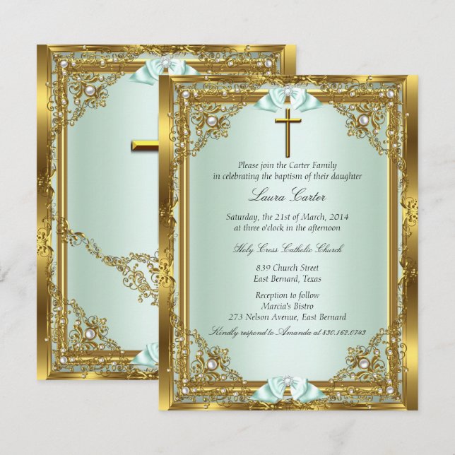 Mint Guld Pärl Damask Kors Dop Dopfest 3 Inbjudningar (Fram/baksida)