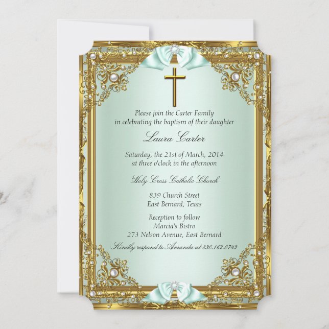 Mint Guld Pearl Damask Kor Baptism Christening 2 Inbjudningar (Framsida)