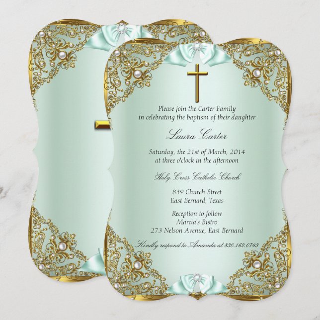 Mint Guld Pearl Damask Kor Baptism Christening Inbjudningar (Fram/baksida)