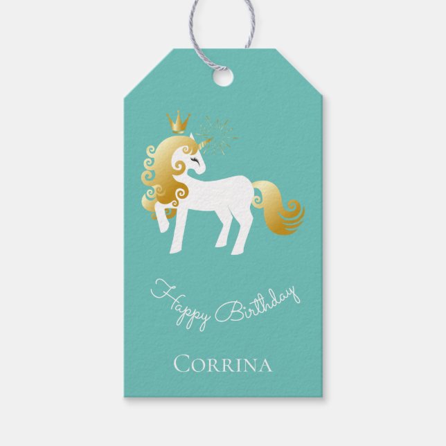 Mint Guld White Unicorn Birthday Presentetikett (Framsidan)