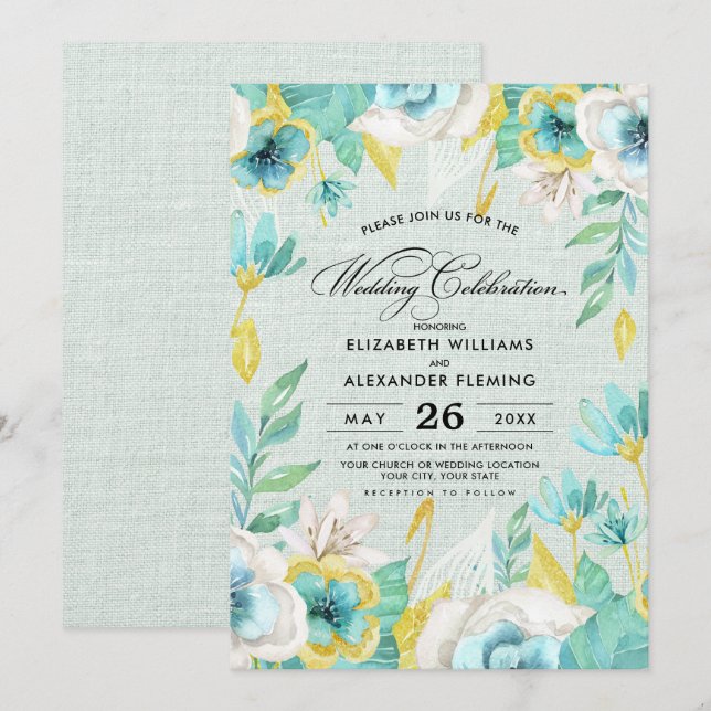 Mint Gult Blommigt Burlap Bröllop Inbjudningar (Fram/baksida)
