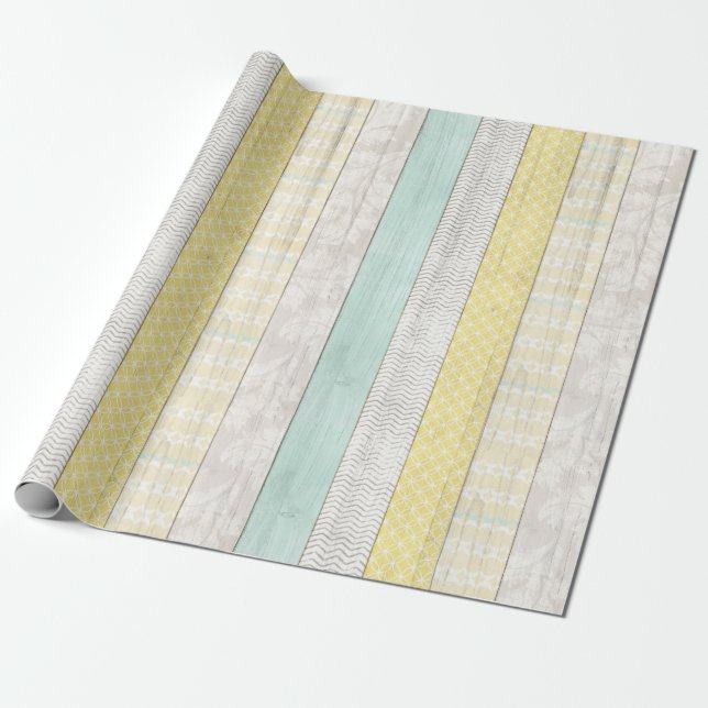 Mint & Gult Boho Geometric Mönster Rustic Wood Presentpapper (Utrullad)